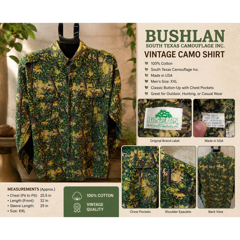 Vintage Bushlan South Texas Camouflage Shirt Mens XXL 100%‎ Cotton Made in USA